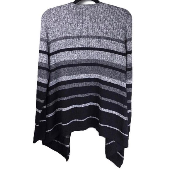 Roz & Ali Ribbed Striped Waterfall Open Front Gray Black Cardigan Size Large - Picture 2 of 7
